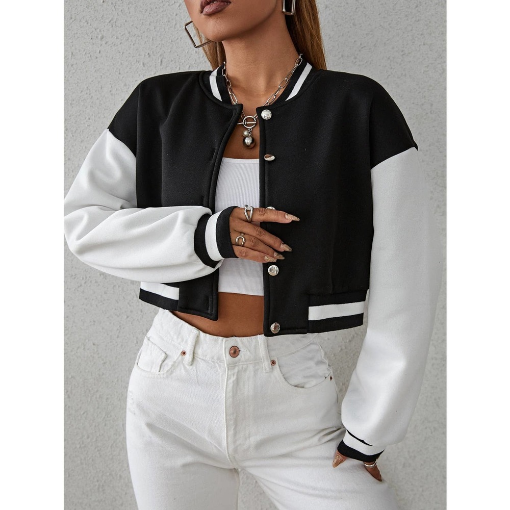 Drop Shoulder Two Tone Crop Bomber Jacket preppy black white - Picture 5 of 11